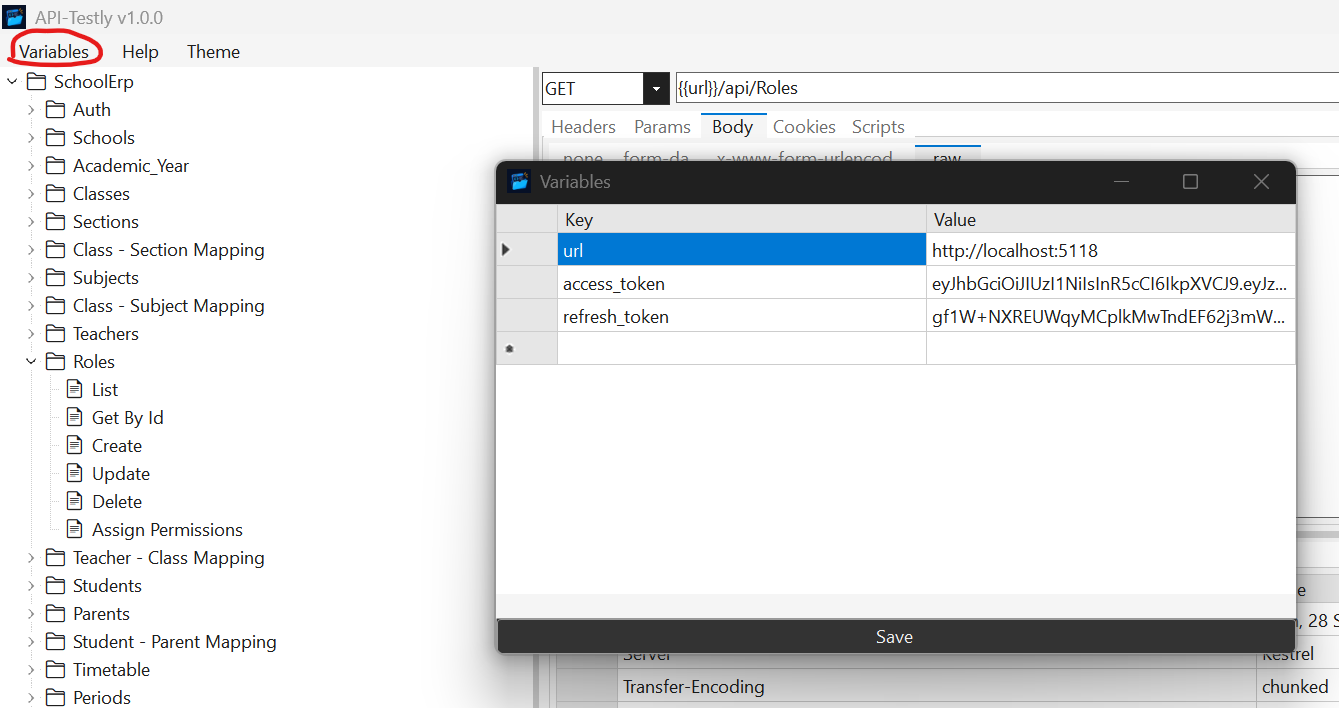 Variables window